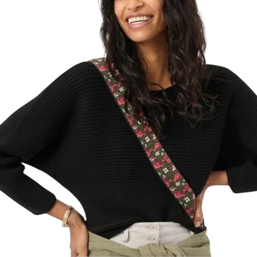 Anthropologie Black Ribbed Boat Neck Crop Sweater, S